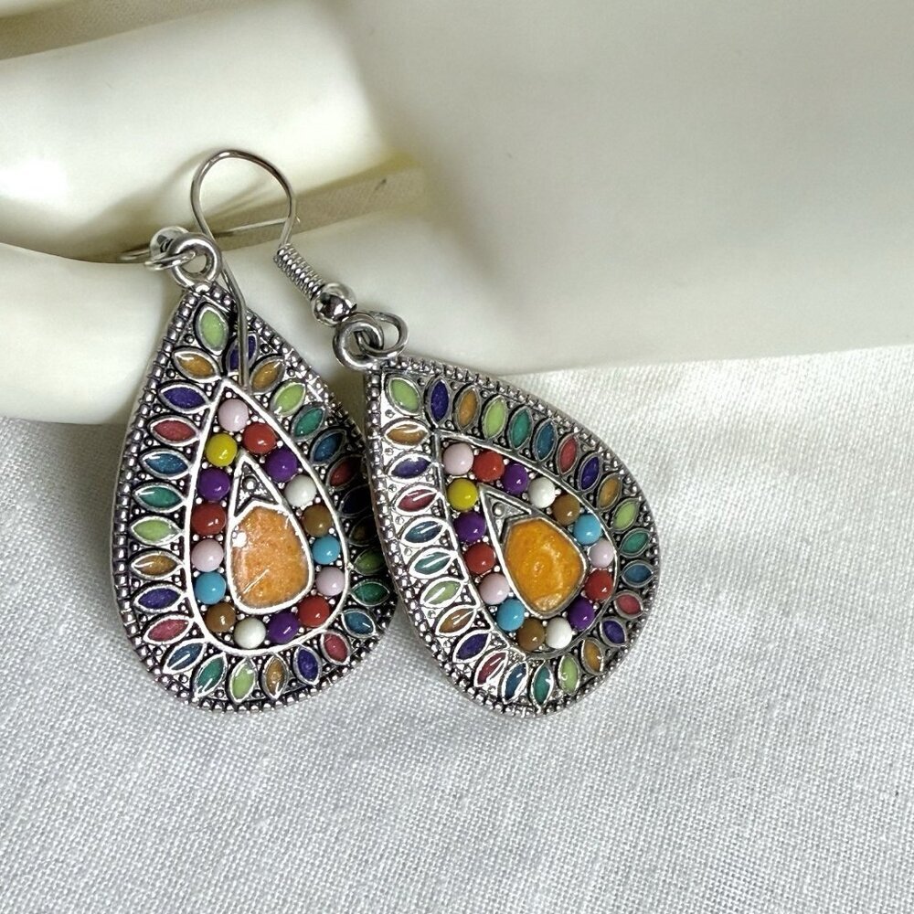 Vintage Mosaic Teardrop Dangle Earrings Multicolor Enamel - Picture 2 of 8